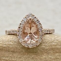 Pear Cut Peach Morganite Engagement Ring Diamond Halo Rose Gold LS5884