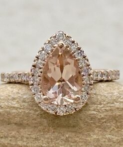 Pear Cut Peach Morganite Engagement Ring Diamond Halo Rose Gold LS5884