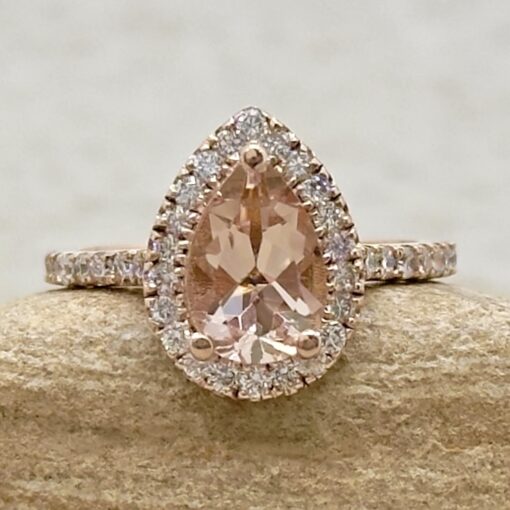 Pear Cut Peach Morganite Engagement Ring Diamond Halo Rose Gold LS5884