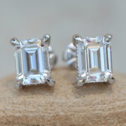 Moissanite Diamond Stud Earrings 8x6mm Emerald 14k White Gold LS5620