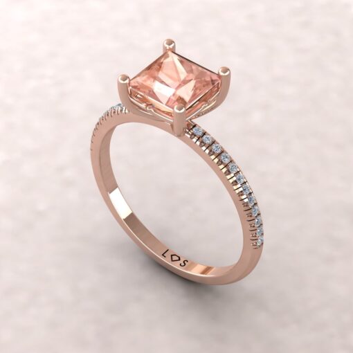 Thin Pink Princess Cut Morganite Ring Diamond Shank Rose Gold LS5132