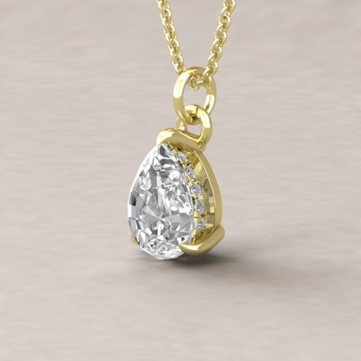 Beverly 10x7mm pear moissanite diamond halo pendant 14k yellow gold ls5623