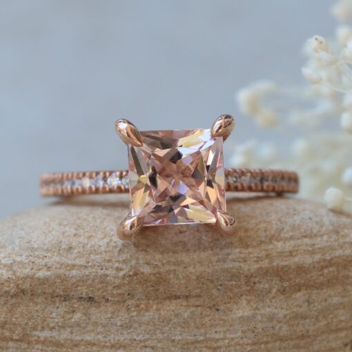 beverly morganite engagement ring 8mm princess square cut diamond half eternity shank 14k rose gold LS5830