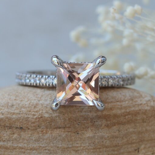 beverly morganite engagement ring 8mm princess square cut diamond half eternity shank 14k white gold LS5830