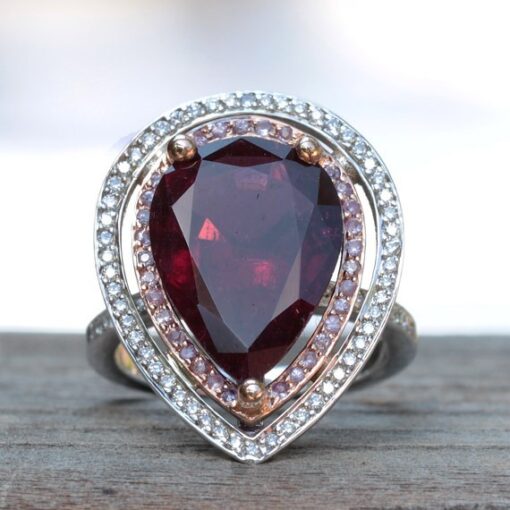 Pear rubellite tourmaline double halo ring LS1342