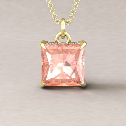Beverly 10mm princess morganite diamond halo pendant 14k yellow gold ls5737
