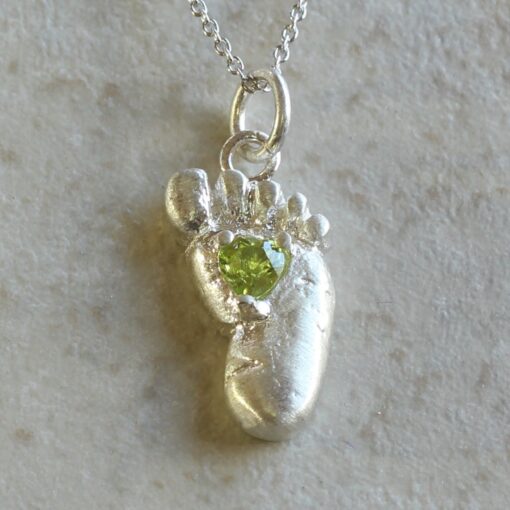 gift baby foot pendant 4mm heart shaped peridot august birthstone 14k white gold LS4852