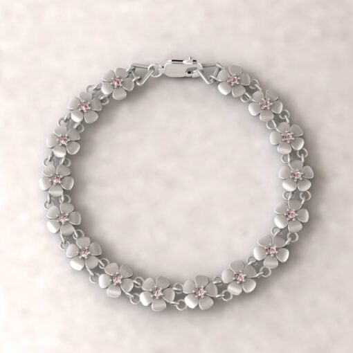 gift daisy charm birthstone bracelet pink tourmaline 18k white gold LS4571