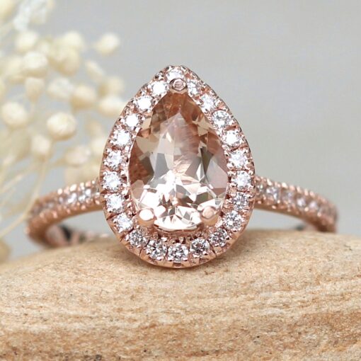 Classic Pear Morganite Engagement Ring Diamond Halo Rose Gold LS5884