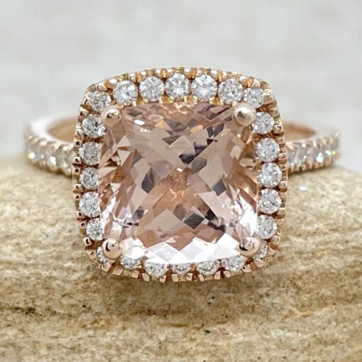 Classic Square Cut Morganite Ring Single Diamond Halo Rose Gold LS5888