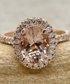 Oval Cut Peach Morganite Diamond Halo Engagement Ring Rose Gold LS5883