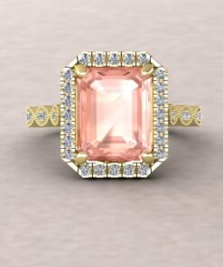 Peachy Pink Morganite Ring Diamond Cathedral Shank Yellow Gold LS5842