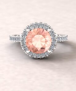 Round Cut Peach Morganite Diamond Halo Ring White Gold Platinum LS5887
