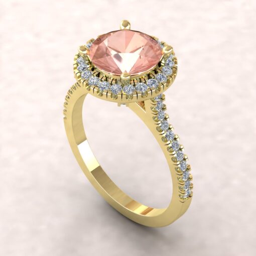 Round Peach Morganite Diamond Halo Engagement Ring Yellow Gold LS5887