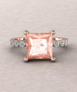 Solitaire Princess Cut Morganite Ring White Diamonds Rose Gold LS5874