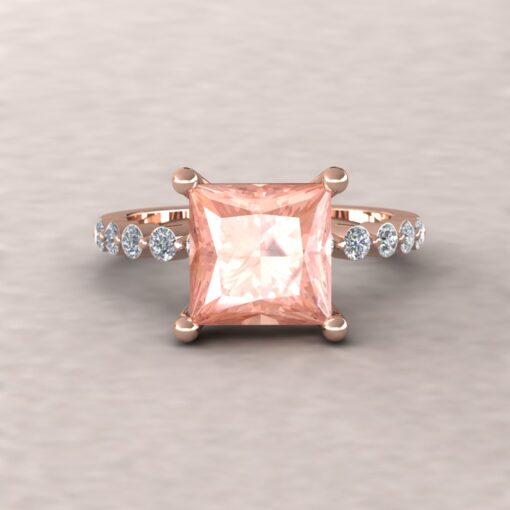 Solitaire Princess Cut Morganite Ring White Diamonds Rose Gold LS5874