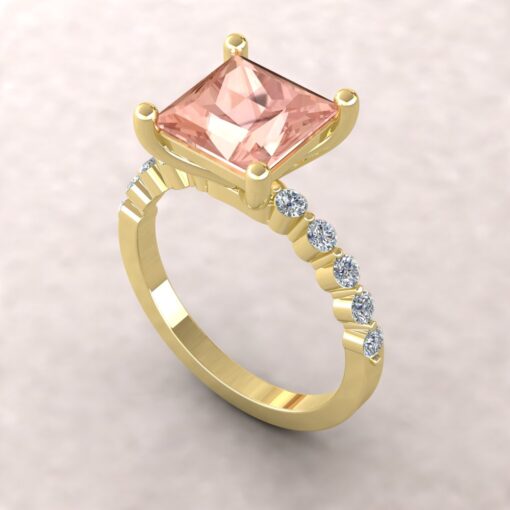 Solitaire Princess Cut Peachy Pink Morganite Ring Yellow Gold LS5874