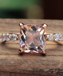Square Cushion Cut Peach Morganite Ring Half Eternity Rose Gold LS5877