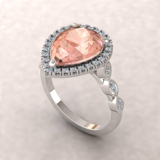 eloise 12x9mm pear morganite diamond halo half eternity vintage engagement ring 14k white gold ls5640