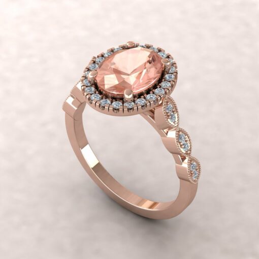 eloise 9x7mm oval morganite diamond halo half eternity vintage engagement ring 14k rose gold ls5637