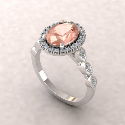 eloise 9x7mm oval morganite diamond halo half eternity vintage engagement ring 14k white gold ls5637