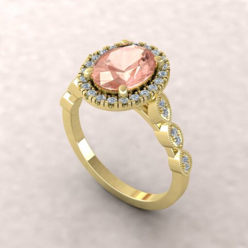 eloise 9x7mm oval morganite diamond halo half eternity vintage engagement ring 14k yellow gold ls5637