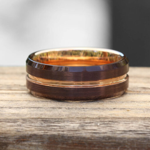 8mm Wide Wedding Ring, Rose, Brown IP Plate Comfort Fit Man's LS5446