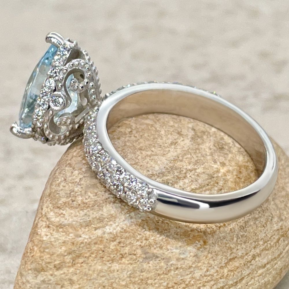 Aquamarine Hidden Halo Ring Filigree Basket White Gold Platinum LS5917