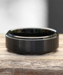 Black 8mm Tungsten Ring, Brushed Shiny Beveled Edge Comfort Fit LS5443