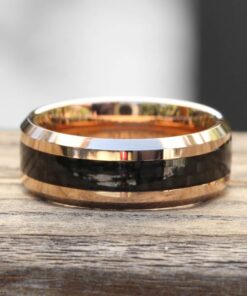 Black Checkerboard Tungsten Ring IP Rose Gold Comfort Fit Edges LS5444