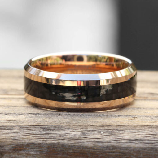 Black Checkerboard Tungsten Ring IP Rose Gold Comfort Fit Edges LS5444