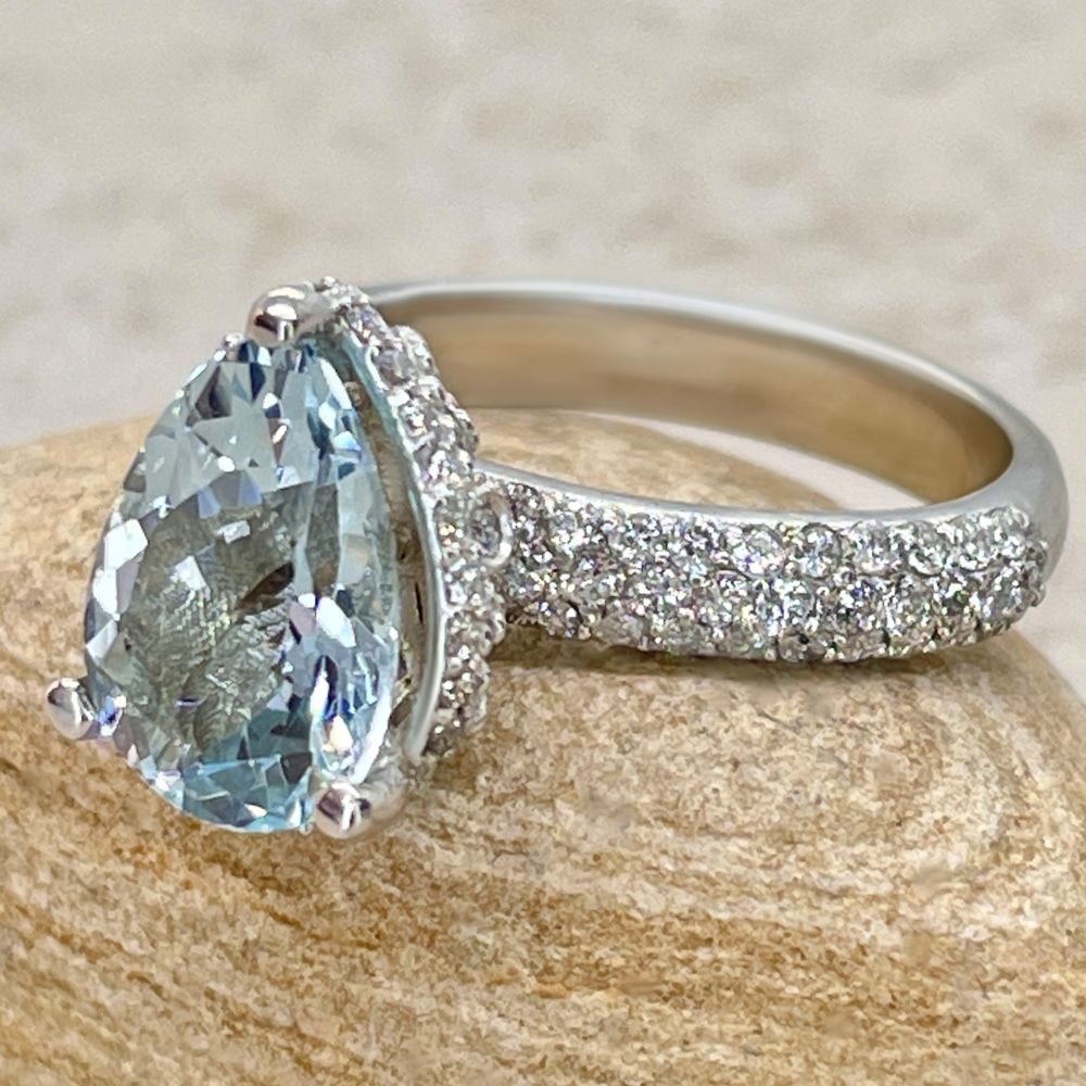 Blue Aquamarine Gemstone Ring Hidden Halo White Gold Platinum LS5917