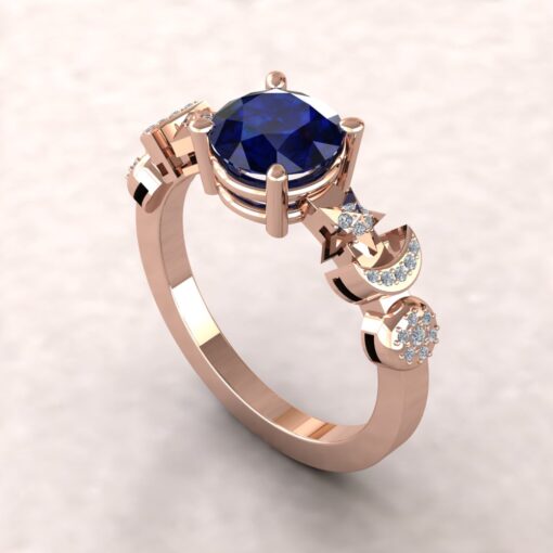 Blue Sapphire Engagement Ring Sun Moon Stars Design Rose Gold LS5892