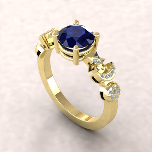 Blue Sapphire Engagement Ring Sun Moon Stars Design Yellow Gold LS5892