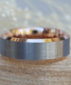 Brushed Gunmetal Tungsten Ring, 8mm Wide Band, Rose Gold Edges LS5451