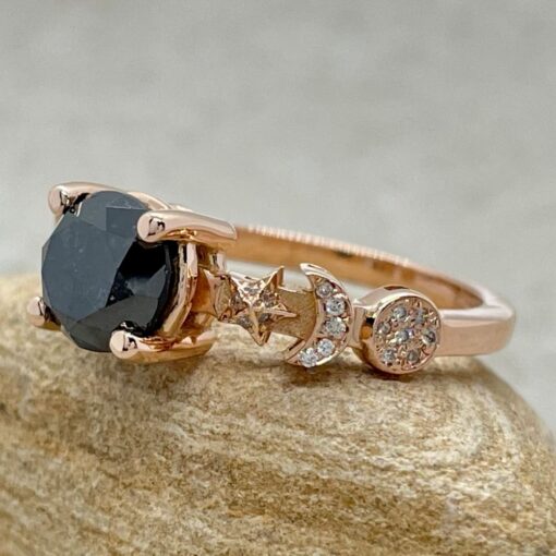 Carbon Included Sun and Moon Round Black Diamond Ring Rose Gold LS5894