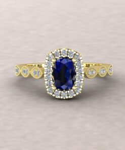 Cushion Cut Blue Sapphire Diamond Engagement Ring Yellow Gold LS5658