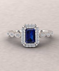 Emerald Cut Blue Sapphire Diamond Halo Ring White Gold Platinum LS5651