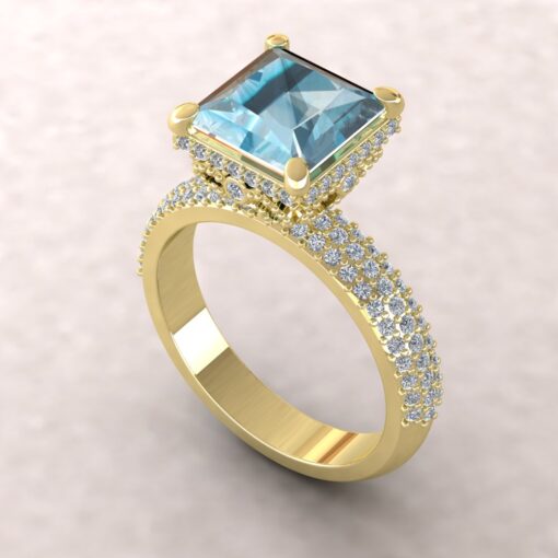 Half Eternity Princess Cut Aquamarine Diamond Ring Yellow Gold LS5282