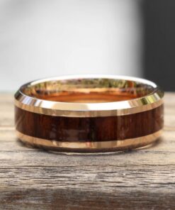 Hawaiian Koa Wood Inlay Ring, Tungsten Mans Band Rose Gold LS5450