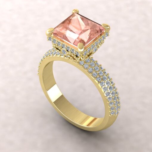 Hidden Halo Princess Cut Morganite Engagement Ring Yellow Gold LS6039