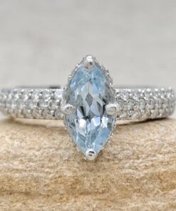 Marquise Cut Aquamarine Diamond Shank Ring White Gold Platinum LS5286