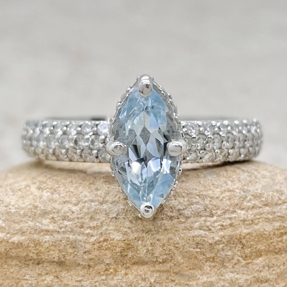 Marquise Cut Aquamarine Diamond Shank Ring White Gold Platinum LS5286