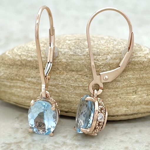Oval Cut Aquamarine Dangle Earrings Diamond Filigree Rose Gold LS5297