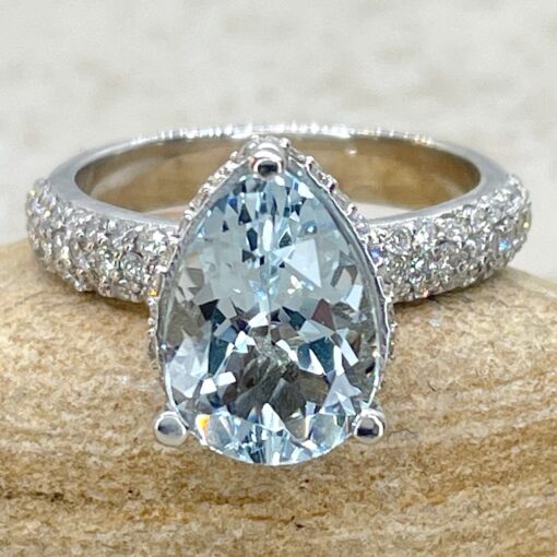 Pear Aquamarine Gemstone Ring Hidden Halo White Gold Platinum LS5917
