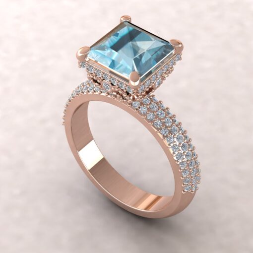 Princess Aquamarine Diamond Engagement Ring Filigree Rose Gold LS5282