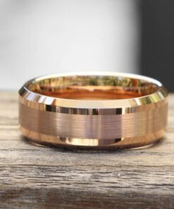 Rose Gold Tungsten Ring, IP Plated, Brushed Center Angled Edges LS5449