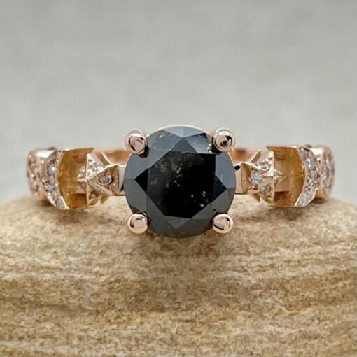 Round Cut Black Diamond Space Themed Engagement Ring Rose Gold LS5894