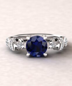 Round Sapphire Sun Ring Diamond Side Stones White Gold Platinum LS5892