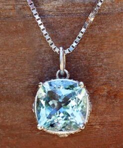 Square Cushion Aquamarine Diamond Pendant White Gold Platinum LS5298